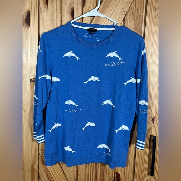 Talbots 3/4 Sleeve Blue Dolphin Sweater Rhinestones Size Medium Petite Nautical - Picture 1 of 6